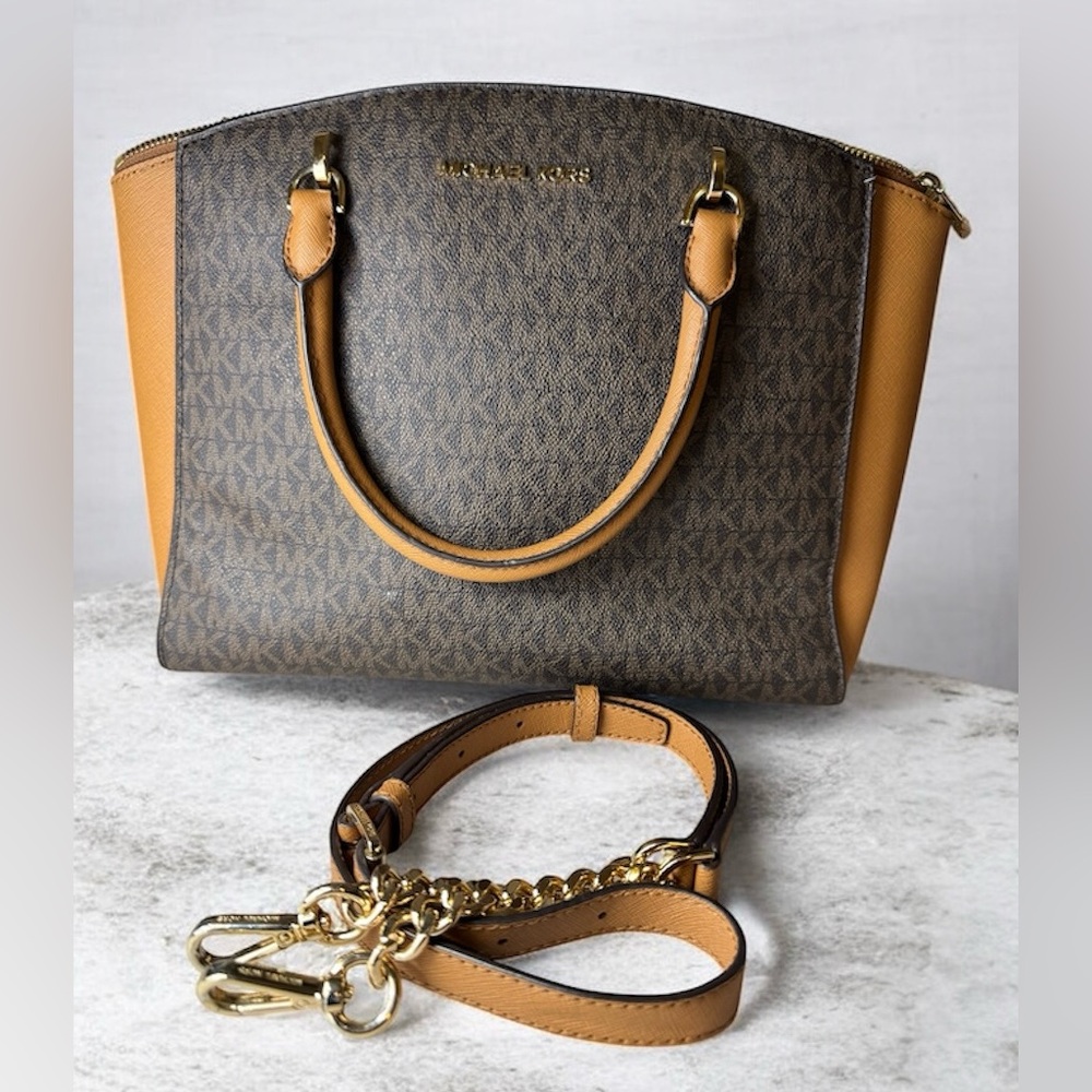 Michael Kors Brown Monogram Satchel with Tan Trim